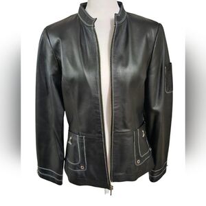 BRADLEY BAYOU Black Leather Jacket Stand-Up Collar And Metal Accents. Size XS